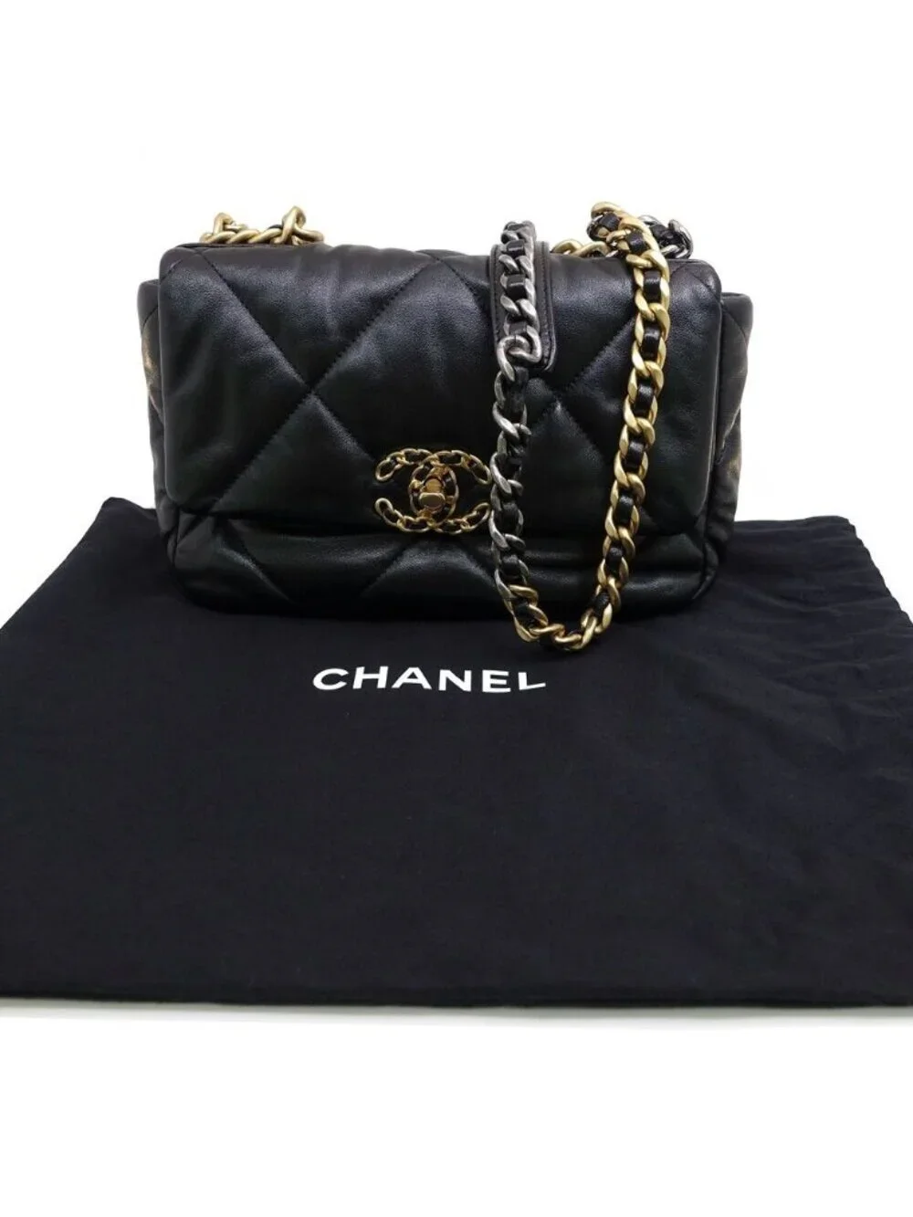 Chanel 19 Handbag Shiny Lambskin Gold Silver